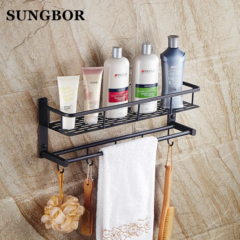 

Bathroom Accessories Storage Holders Copper High Quality Retro Black Basket Shelf Wall Mounted Dual Tier Basket Rack SY-1127H