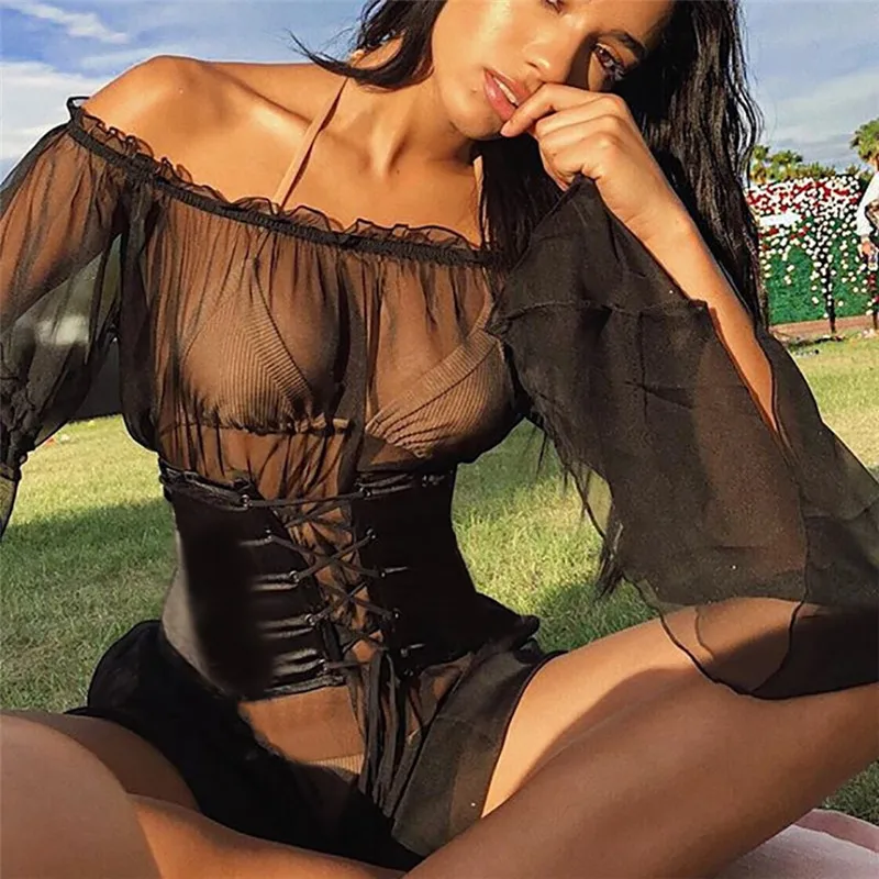 

strapless hot erotic mini dress mesh see through flare sleeve ruffles open shoulder backless night club sashes corset WD1732635