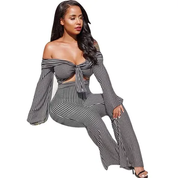 

Sexy Striped Two Piece Set Women Bow Tie Strapless Crop Top Wide Leg Pants Suit Club Wear 2 Piece Outfits Conjunto Feminino