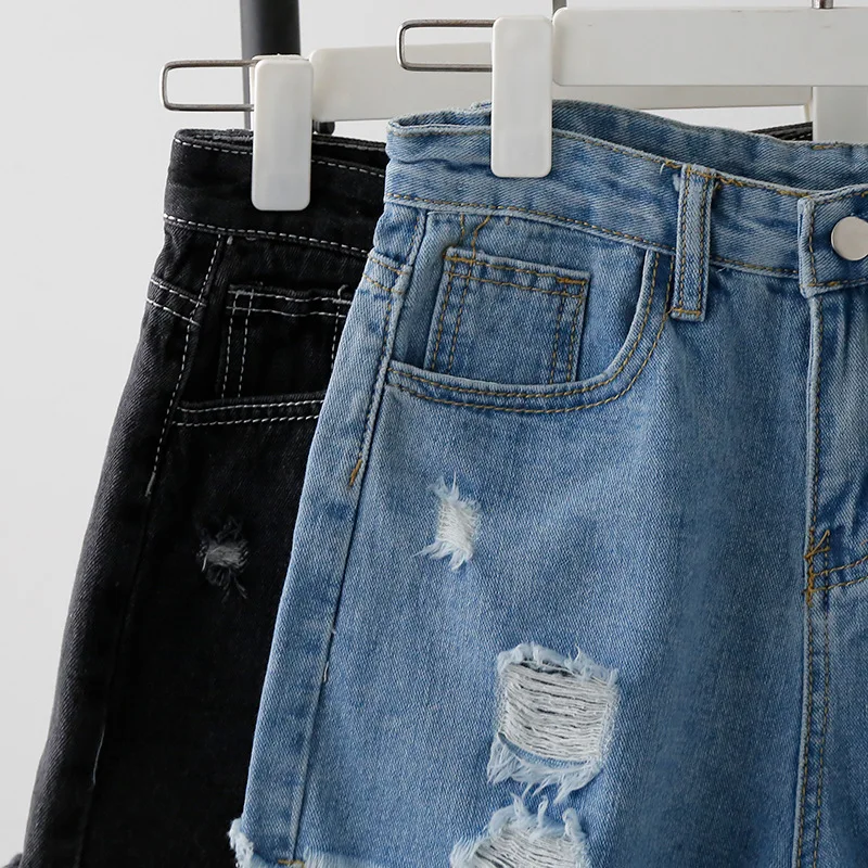 Джинсовые шорты корейские Kawaii Свободные дырочки винтажные потертые с высокой талией Горячие тонкие женские шорты сексуальные джинсы Летние черные синие
