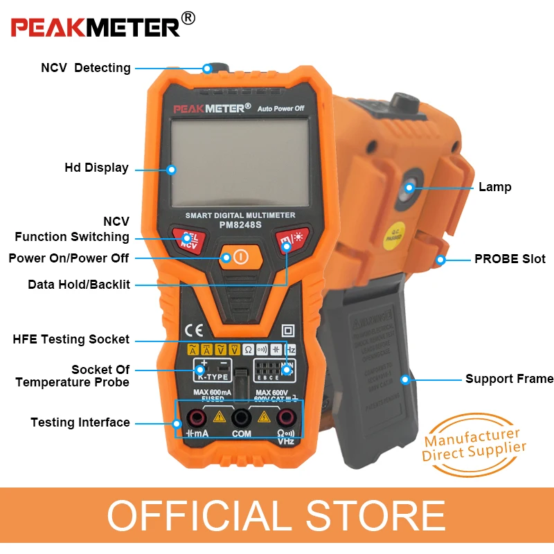 PM8248S Smart AutoRange Professional Digital Multimeter Voltmeter with NCV Frequency Backlight Temperature Transistor test