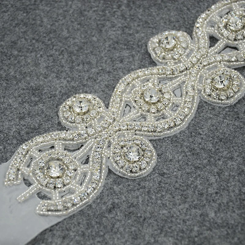 crystal beaded bridal rhinestone patch applique trim for wedding dress
