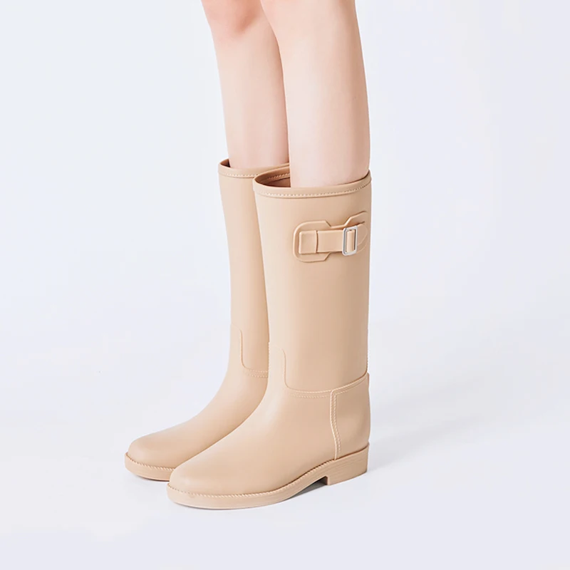 Femmes Rainboots Femme Bottes Rouroliu Chaussures De Boucle Talon D'eau Mi Black Wellies Rt294 Antidérapantes mollet gray Imperméables tea Pluie Carré AwRB7q1