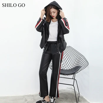 

SHILO GO Leather Suit Womens Spring Fashion sheepskin genuine leather Sets hooded loose Jacket bow belt waist flare pants