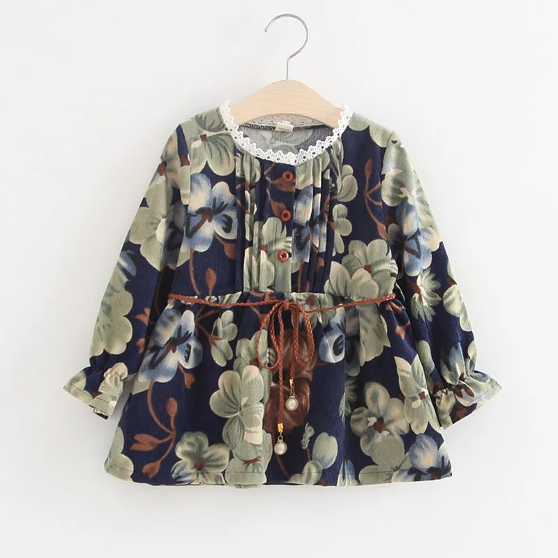 

Girls Clothing 2017 New Spring And Autumn Style Girls Dresses Lace Collar Print Long sleeves+Belt 2Pcs Children's Clothes 3-7Y