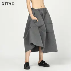 [XITAO] Асимметричный Для женщин 2018 осень Новая Корея моды карман свободные юбка женский сплошной Цвет Повседневное длиной выше колена юбка