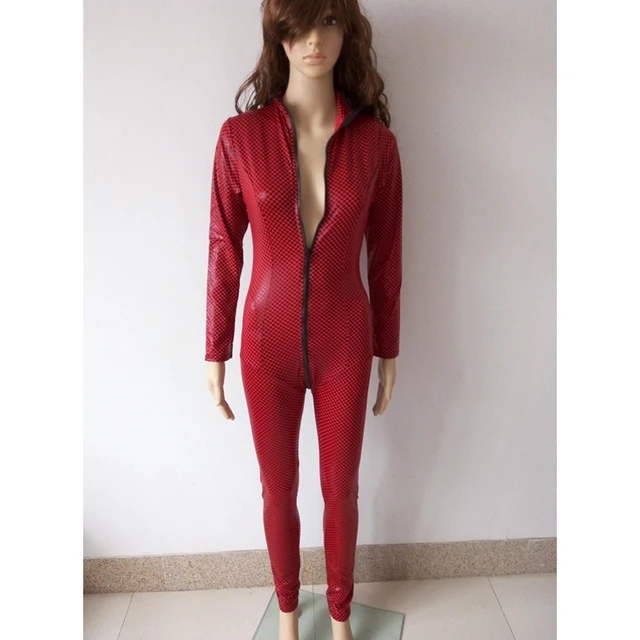 New Plus Size Women Red Sexy Faux Leather Catsuit Jumpsuit Costumes ...