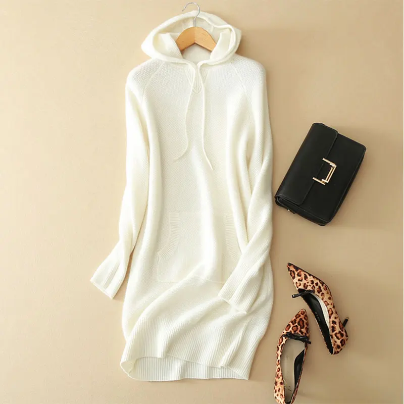 

2018 New 100% Pure Cashmere White Dress Women Long Sleeves Autumn Winter Thick Hooded Sweater Dress Long