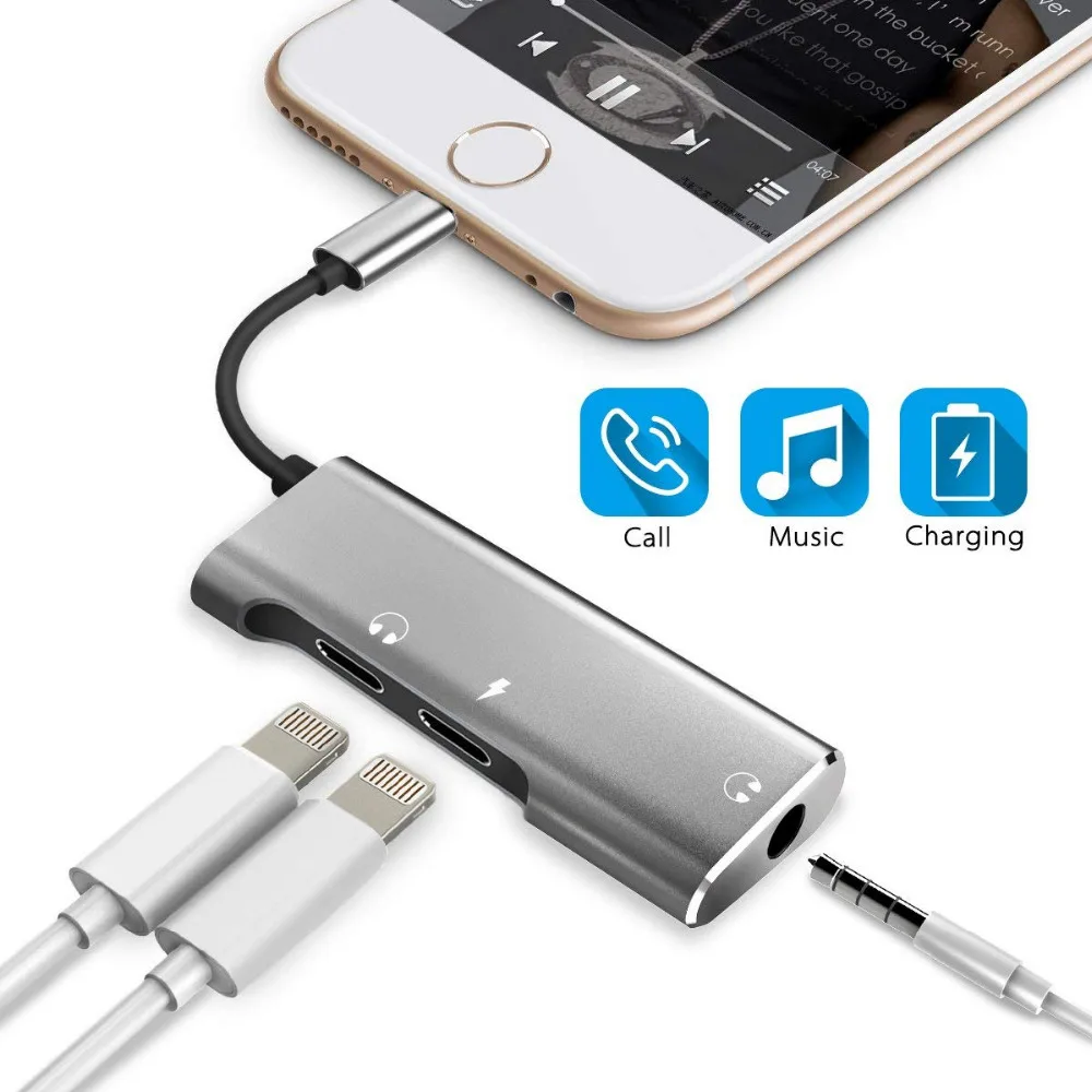 

3 in 1 Dual for Lightning with 3.5 mm Headphone Jack Audio Adapter Splitter Support Audio Charge Music Control Phone Call