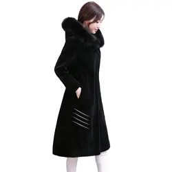 Большой размер пальто зимнее Для женщин лисий мех воротник длинный участок овец стриженая пальто с капюшоном Завышение XL5 зима Для женщин
