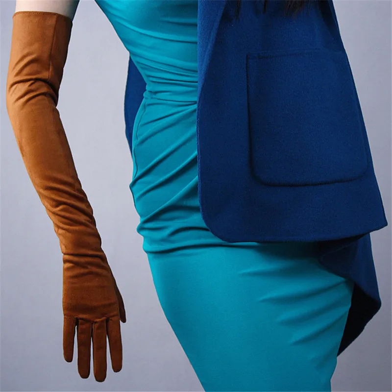 60 см замшевые кожаные Экстра длинные перчатки длинный секционный имитирующий кожаный замшевый светильник голубой Небесно-Голубой Женский WJP12-60 - Цвет: Коричневый