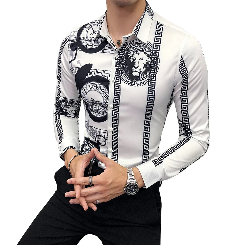 

2019 New Fashion Boutique Printing Men's Slim Casual Long-sleeved Shirts / European and American Fashion Mens Shirts Black White