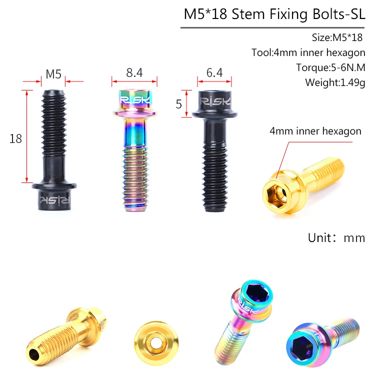 RISK 6 шт. M5* 18 мм титановые SL крепежные болты для руля MTB велосипеда руля TC4 SL винт крепежные детали для велосипеда