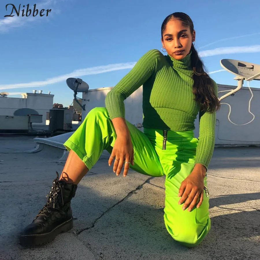 Nibber Весенние новые флуоресцентные зеленые женские прямые брюки Простые Модные с карманами на молнии дизайнерские с высокой талией тонкие дикие повседневные брюки