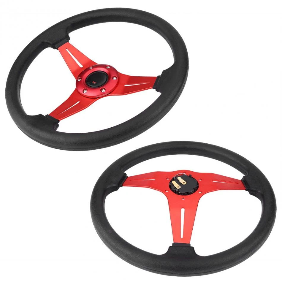 Red 350mm 14in Steering Wheel Universal Aluminum Frame Black Perforated Leather Car Steering Wheel W// Horn
