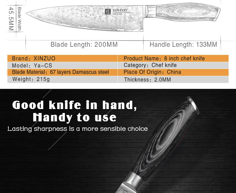 XINZUO 8 дюймов нож шеф-повара Gyutou нож японский VG10 Дамасские кухонные ножи из нержавеющей стали нож мясника Pakka деревянная ручка
