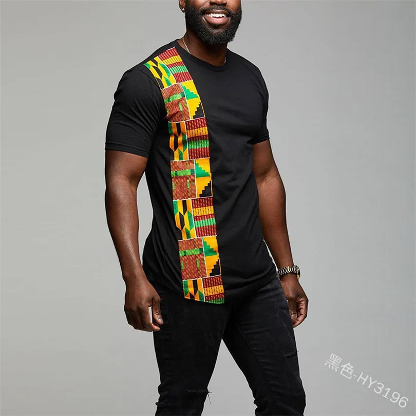 

Fashion African Kente Shirt For Mens Short Sleeves Ghana Tops Ankara Panelled Geo Printed T-Shirt Color Blocked O-Neck Summer