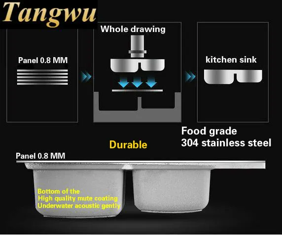 Tangwu многофункциональная большая кухонная раковина пищевая 304 нержавеющая сталь 0,8 мм толщиной двойной паз 71X38X22 см