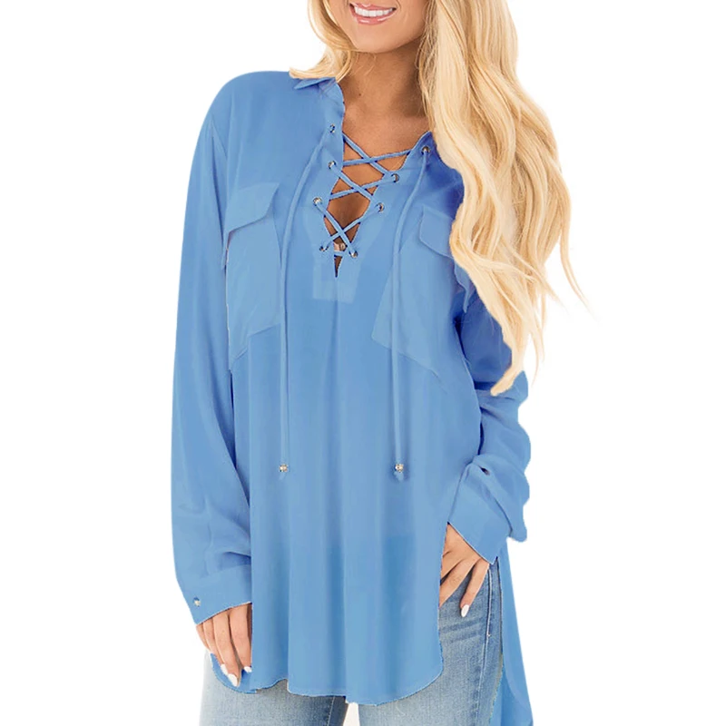 Women's Long Sleeve Lace Up Shirt Ladies Loose Casual Party Blouse Tops T-shirt