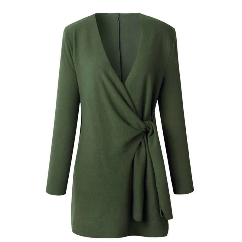 Шерстяная однотонная верхняя одежда для женщин с v-образным вырезом и шнуровкой, тонкое пальто, Осеннее повседневное женское пальто - Цвет: Армейский зеленый
