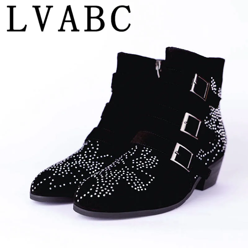

LVABC 2018 Susanna Studded Real Leather Ankle Boots Women Round Toe Rivet Flower Martin Boots Women Luxury Velvet Boots Zapat 41