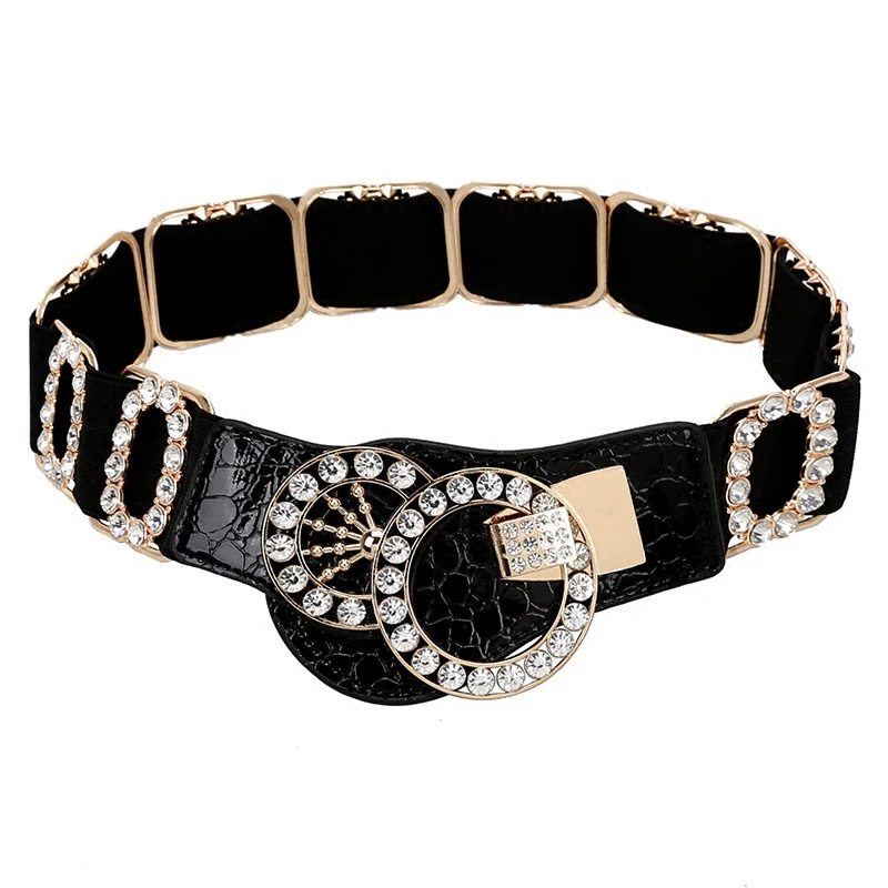 New Crocodile Leather Dress Belts For Women Black Red Luxury Rhinestone