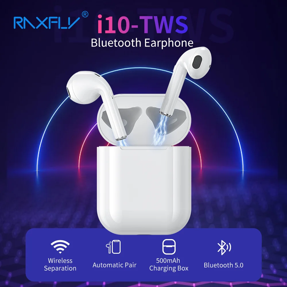 RAXFLY i10 tws Bluetooth Earphone For iphone Xiaomi Stereo Bass Earbuds with Charging Box Headset Wireless Headphones | Электроника
