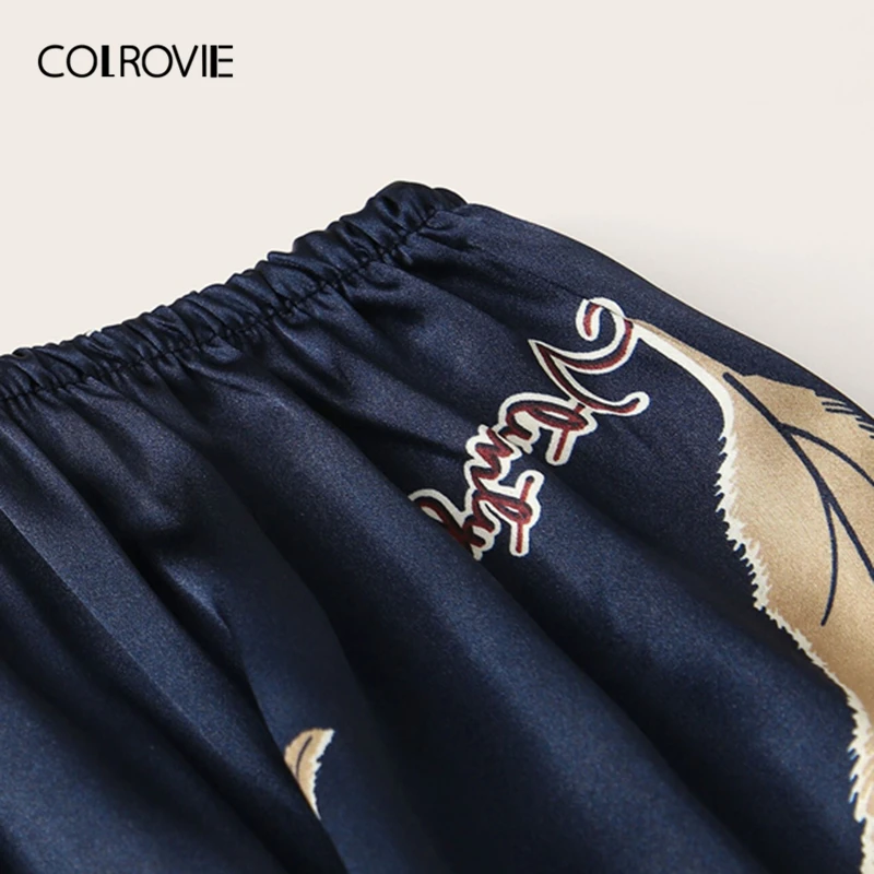 COLROVIE перо печати атласный Cami пижамный комплект для женщин повседневные короткие наборы летнее нижнее белье Ночная рубашка Дамская пижама