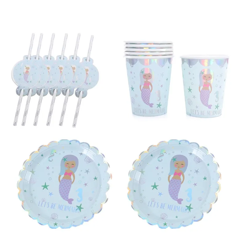 

36pcs/lot Shiny Silver Let's Be Mermaid Theme 12pcs 7inch Paper Plates + 12pcs Paper Cups + 12pcs Straws Party Tableware Set