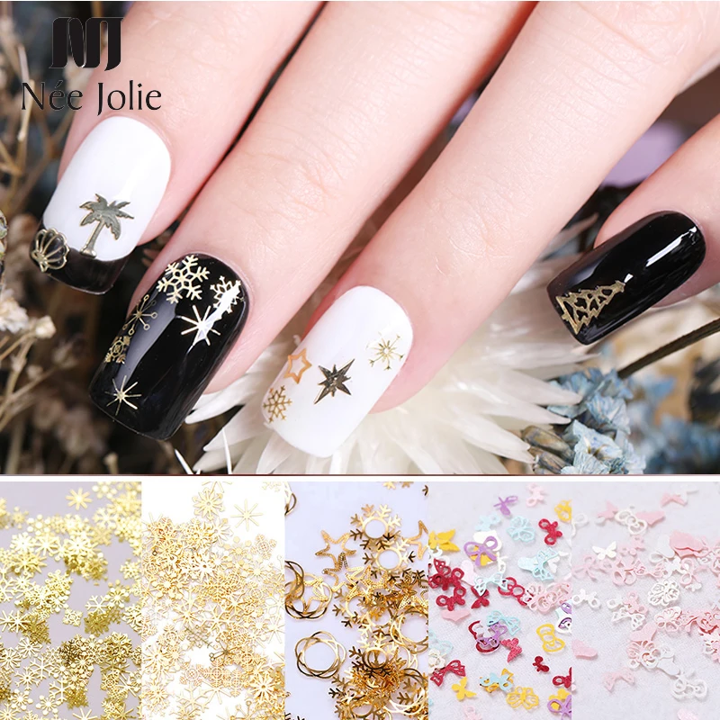 

1 Box 3D Nail Art Decorations Ultra Thin Metal Gold Color Leaves Shell Snowflake Christmas Mixed Patterns Nail Decors