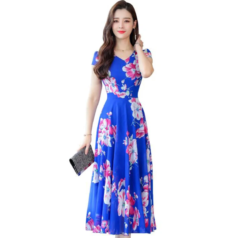 

2019 Summer Long Dress Women Vintage Printed Chiffon Dresses Fashion Short Sleeve Bohemian Beach Dress Plus Size Vestidos