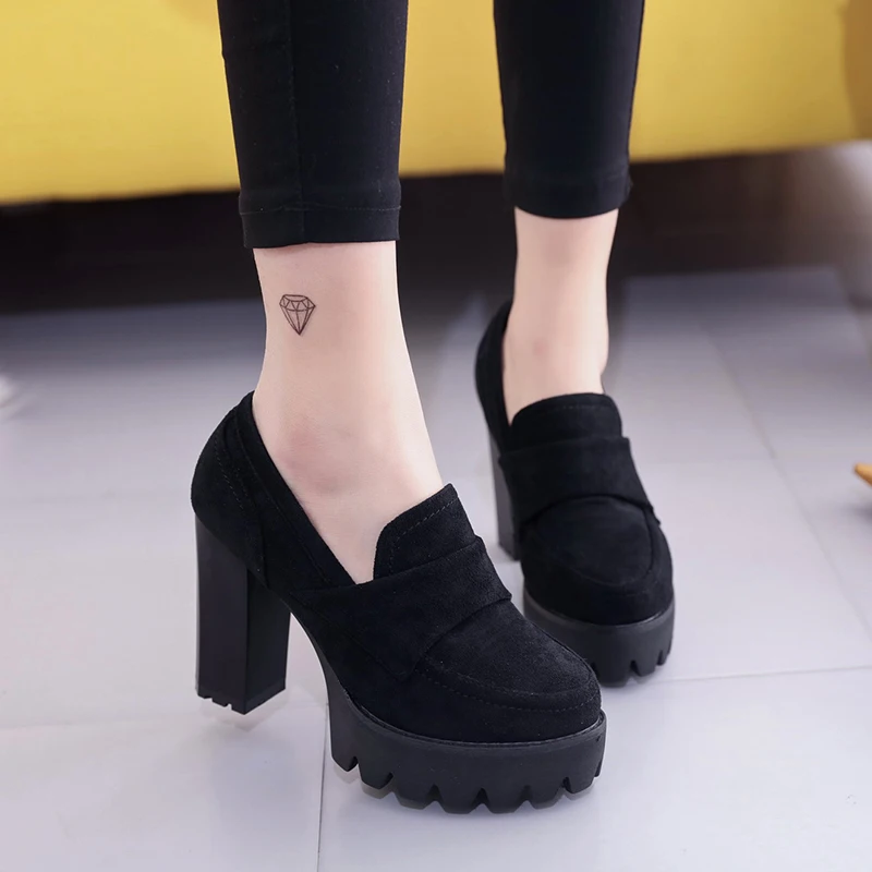 Vente QSR 10CM escarpins daim talons hauts épais tête ronde imperméable plate forme noir unique chaussures femme épais fond était mince