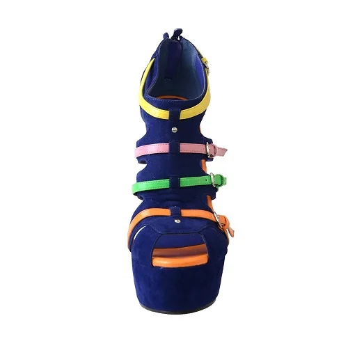 Клинья сверхвысокая платформа гладиатор синий мульти летние женские босоножки Летняя обувь женская обувь из флока со стильным Женские туфли на высоком каблуке Размеры 17 - Цвет: Blue Multi
