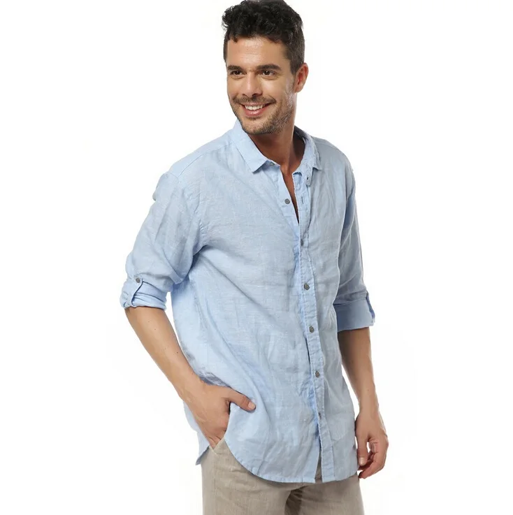 Летние мужские модные льняные футболки в повседневном стиле, солидные цветные рубашки, дышащий с длинным рукавом рубашки