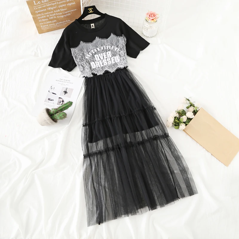 

XL-5XL Plus Size Women Midi Dresses Summer 2019 Lace Patchwork Letter Print Short Sleeve Long T shirt and Mesh Two Piece Dress