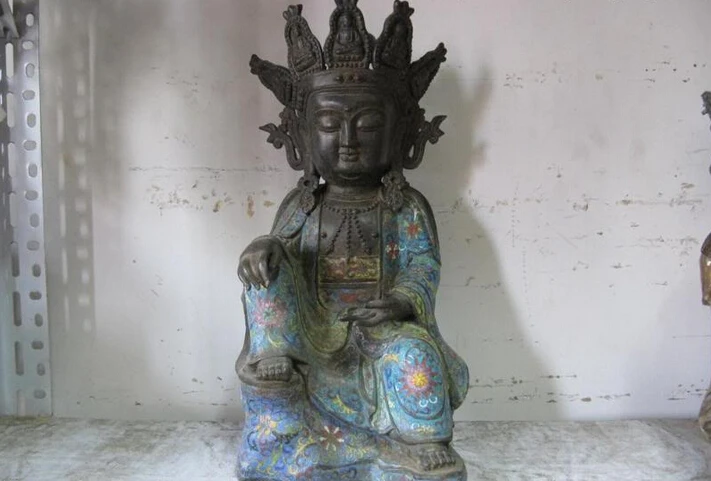 yan88 bronze S2765 China Pure Bronze cloisonne Sit fastdom Kwan-Yin Buddha Statue | Дом и сад