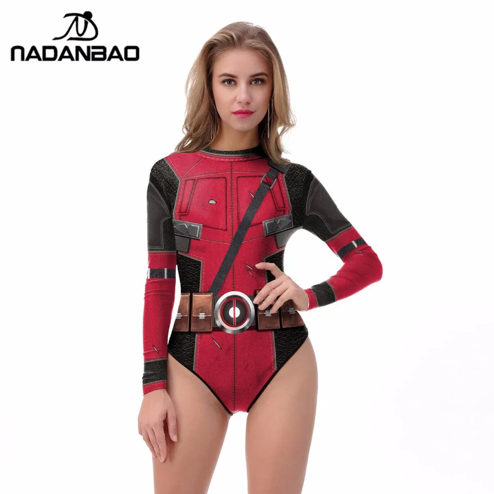 2019 قطعة واحدة ملابس السباحة 3D الطباعة طويل كم انغلق تصفح Deadpool مثير ثوب السباحة النساء دي بانو النساء لباس سباحة