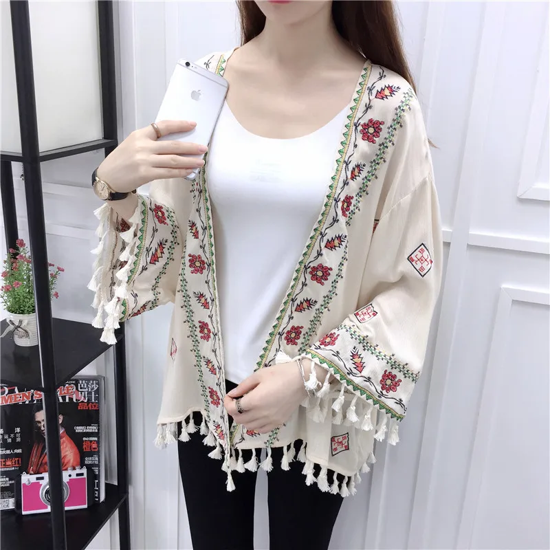 TingYiLi Ethnic Boho Kimono Cardigan Vintage Floral Embroidery Cardigan Girl Beige Black White Cardigans Women Summer 2