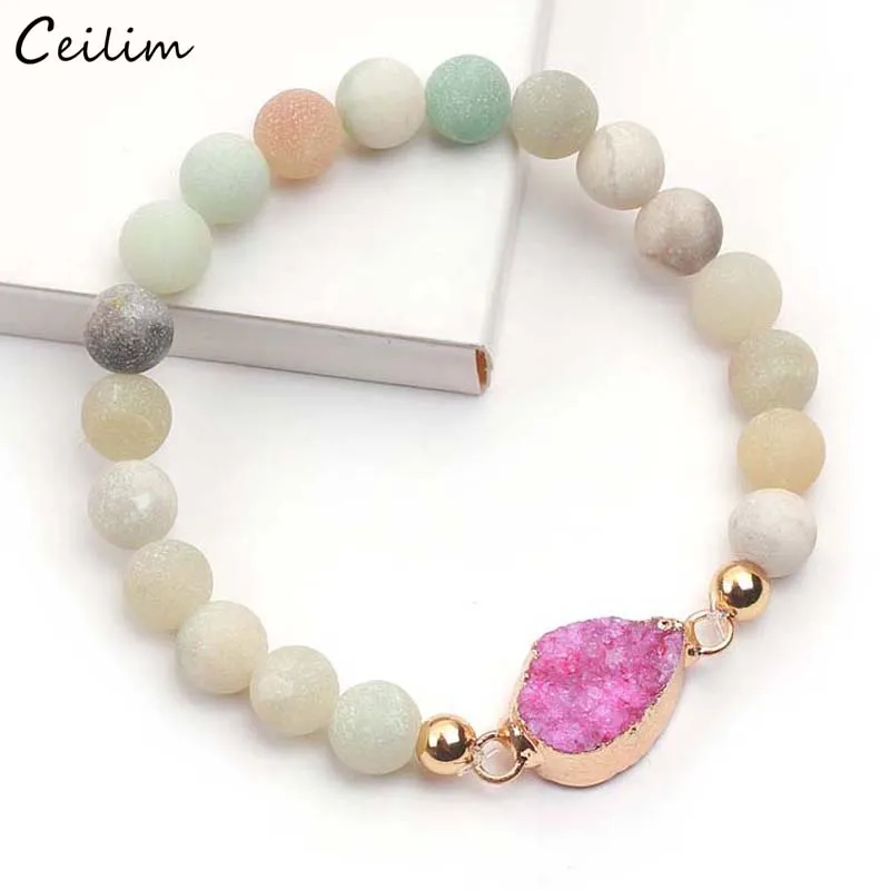 

2019 Natural Stone Resin Druzy Crystal Charm Bracelets Women Elastic Handmade Colorful Bead Strand Bracelet Bangle Yoga Jewelry