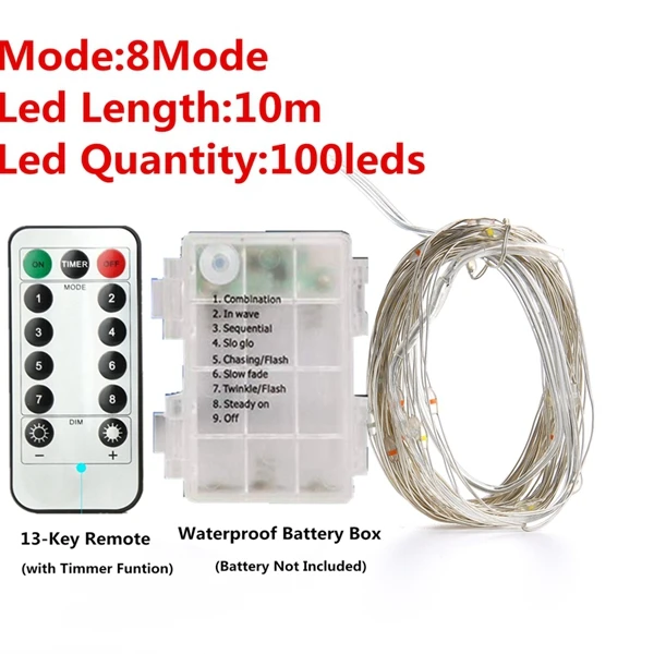 Christmas 33Feet 100 Led Fairy String Lights with Battery Remote Timer Control Operated Waterproof Copper Wire Twinkle Light 20m 10m 100led 8mode