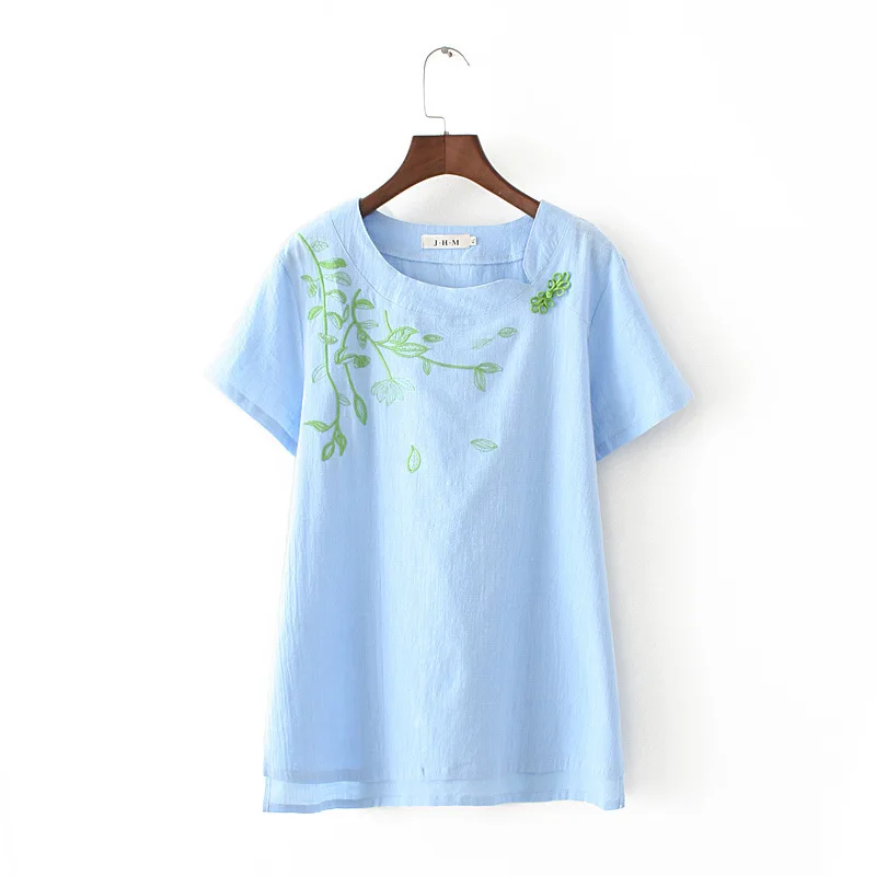 Summer Fat Mm Thin Cotton T-shirt Linen Embroidery Green Leaf Short Sleeve T Shirt Women New Fashion Casual Tshirt Pure Color Tops