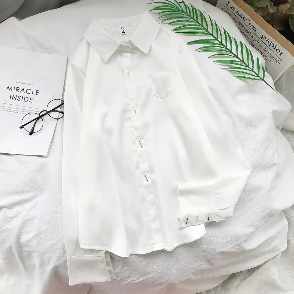 Tanie 2019 nowa koszulka solid Office odzież damska zapinana z długim rękawem skręcić w dół kołnierz kieszenie bluzka Feminina jesień HOT sprzedaży T8D520M
