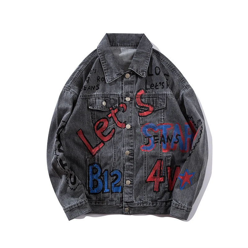 Hip-hop Denim Jacket Men Streetwear Men's Vintage Hole Jackets 2019 Graffiti Print Loose Jeans Jacket Men Spring Autumn