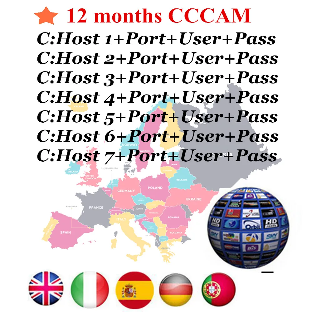 

Spain Receptor Cccams lines for 1 year spain used for freesat v7 DVB-S2 Ccam Cline satellite receiver europe channels 7 lines