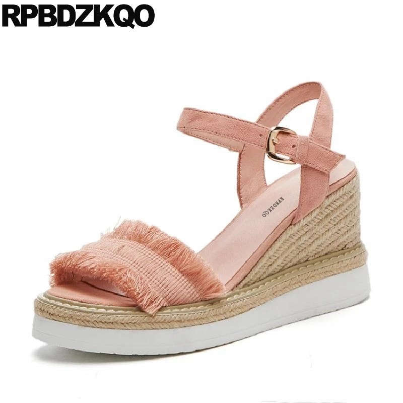

Nice High Heels Rope Strap Espadrilles Women Shoes Open Toe Fringe Platform Wedge Sandals Summer Green Pink Suede Pumps Designer