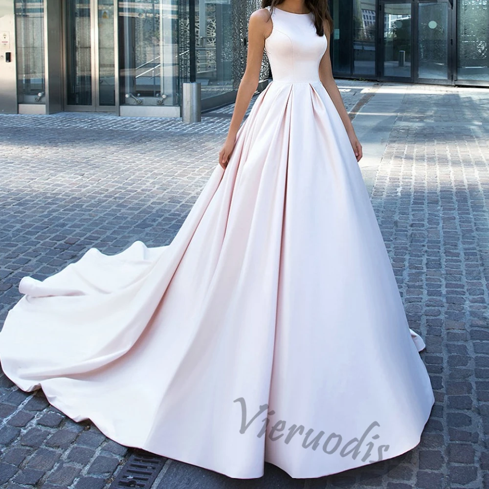49-1              Delicate Backless Sheer Neck Elegant Satin Wedding Dress A Line Sleeveless Sash Europe Wedding Dresses 2019 Boho Bridal Gown