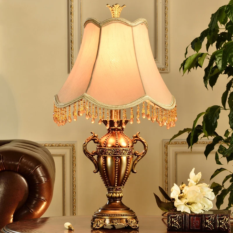 

Luxtry Vintage Resin Table Lamp for bedroom study,Fabric lamp shade retro bedside lamp with Dimmable Touch switch