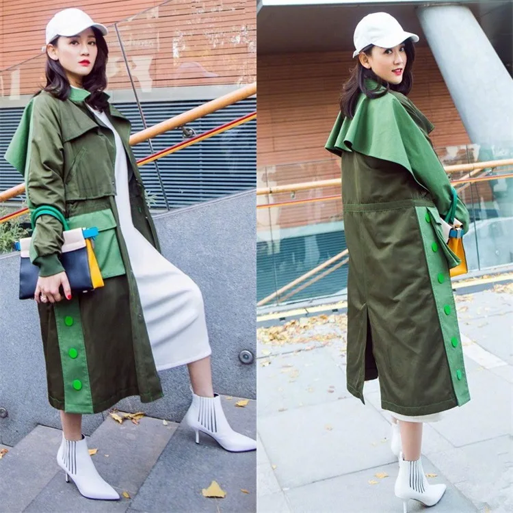 New Spring 2019 Chen Jon Star's Olive Green Knee-Crossing Windswear with Long Loose Fashion Outerwear Clothes Long Coat Women