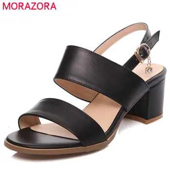 

MORAZORA 2020 hot sale genuine leather women sandals solid color summer shoes simple buckle casual shoes square high heel shoes