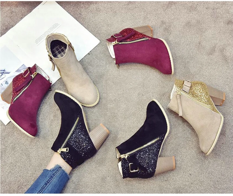 Women's Boots Casual Ankle Boot Lady High Heels Winter Snow Boots Women Genuine Leather Glitter Winter Shoes Women Big Size 43   (3)